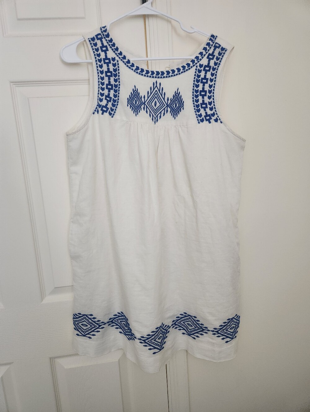 J. Crew White Dress with Blue Embroidered Trim Size 10